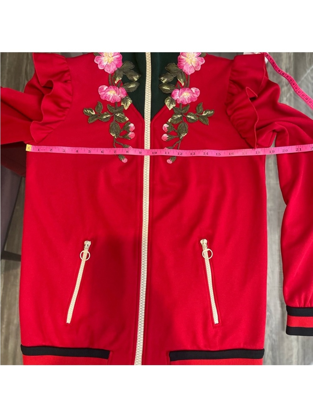 Gucci Red Embroidered Ruffle-Shoulder Bomber Jacket - Picture 2 of 11